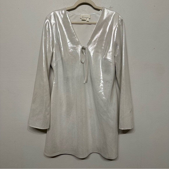 Anthropologie Long Sleeve V Neck Tie Front Metallic Mini Dress - Picture 5 of 13
